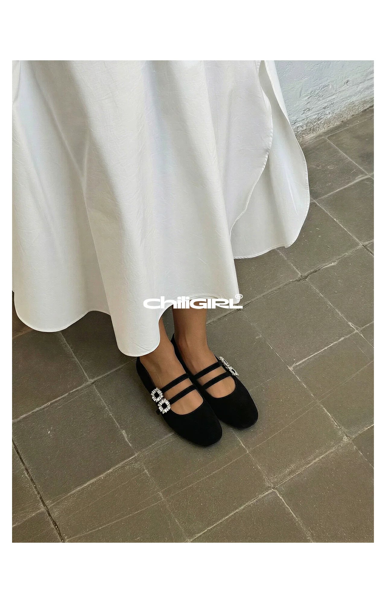 CHILIGIRL Suede Temperament Rhinestone Square Buckle Double Belt Versatile Single Shoes