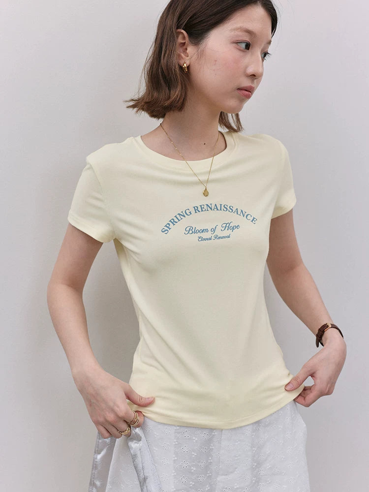 VOOE Letter Print Front Shoulder Crew Neck Versatile Tee