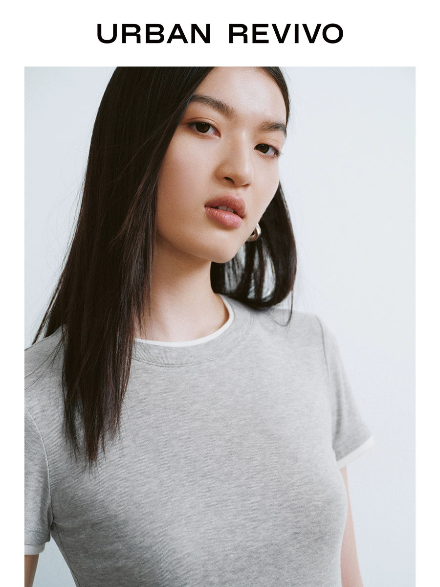 URBAN REVIVO Contrasting Splicing Fake Two-piece Crew Neck Tee