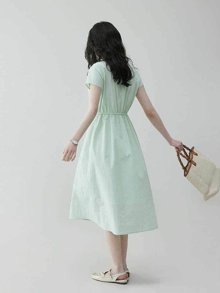 VOOE Pleated V-neck Waist Short-sleeved Dress