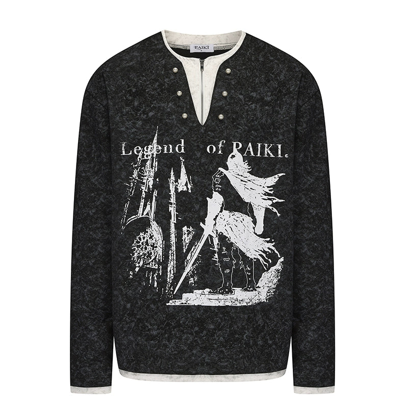 PAIKI Knight's Castle Henry Neck Pearl Buckle Fake Two-piece V-Neck Long Sleeve