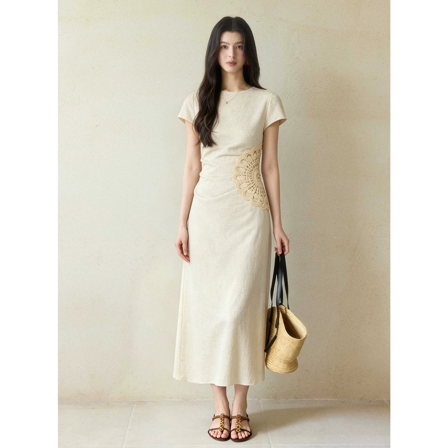 TYANG High-end Temperament Stitching Hand-crocheted Flower Dress