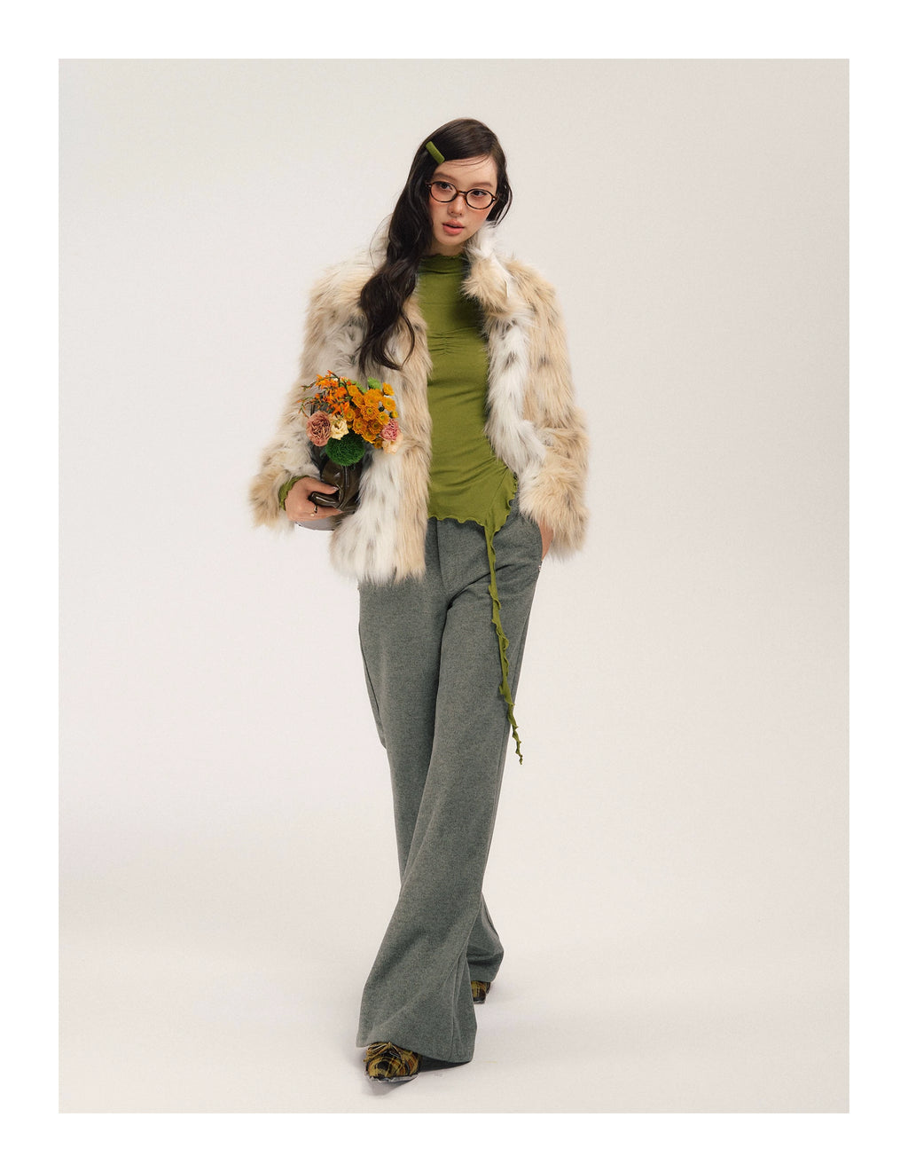 SASSY MOODY Color Matching Leopard Print Warm Thickened Environmentally Friendly Fur Jacket
