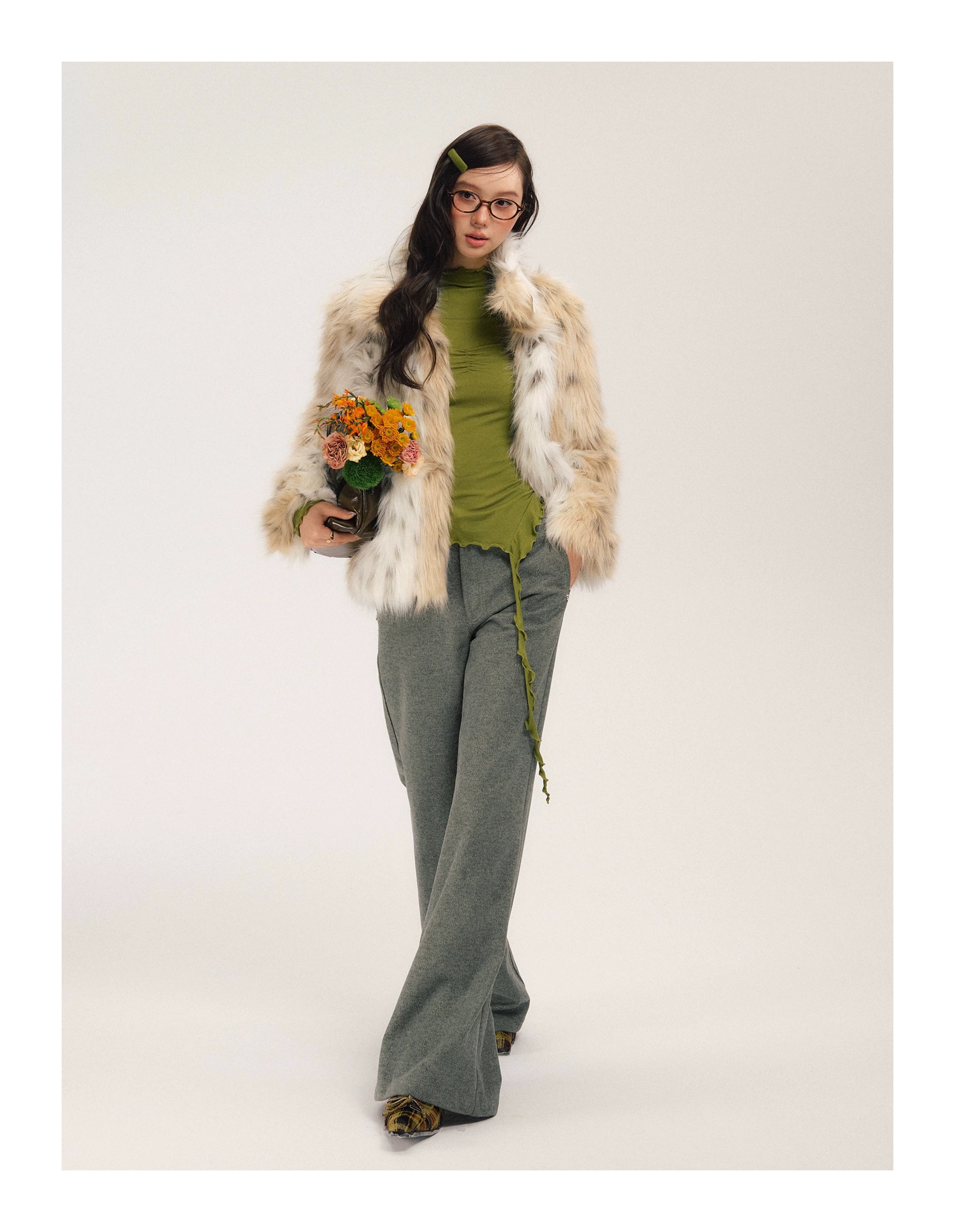 SASSY MOODY Color Matching Leopard Print Warm Thickened Environmentally Friendly Fur Jacket