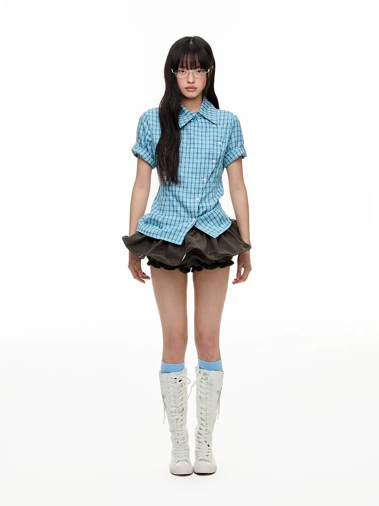 JIKOO Contrasting Checked Waist Shirt