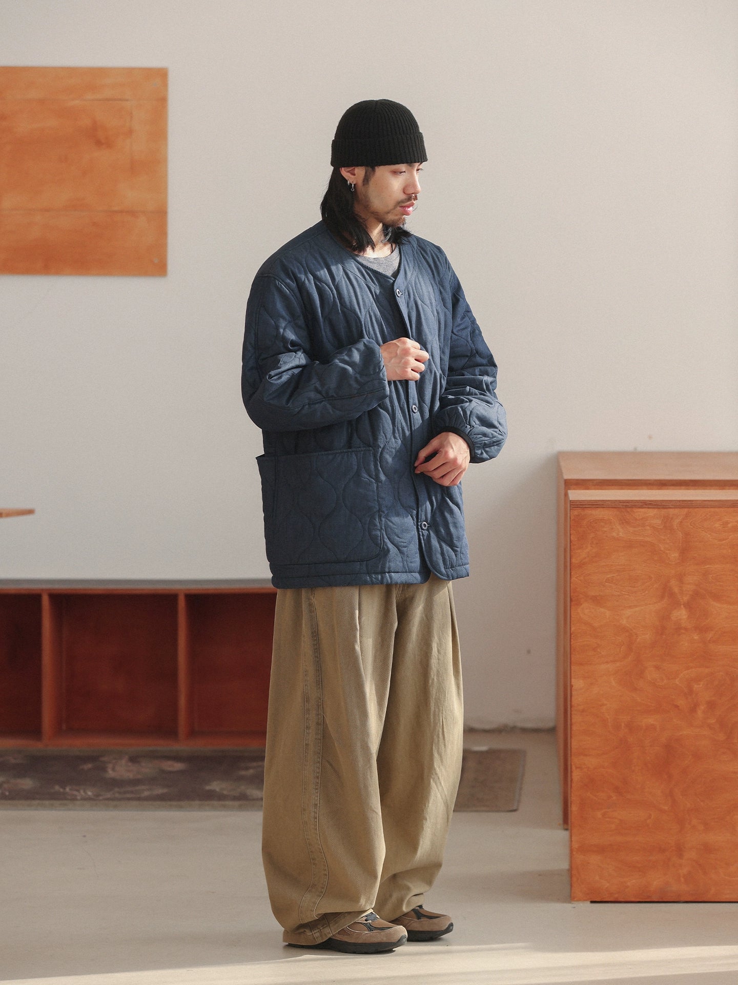 NOEARS Collarless Loose Big Pocket Vintage Coat