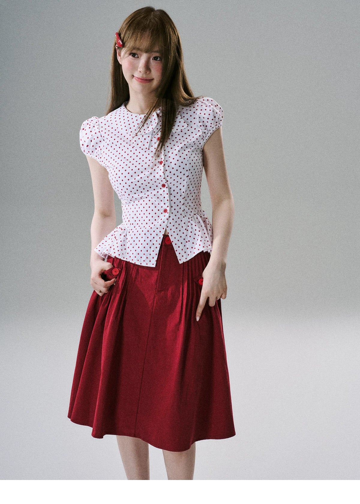 LOST FOREST Asymmetrical Lotus Leaf Polka Dot Shirt Tee
