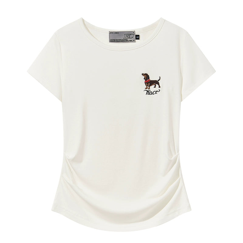 HACR Stretch Knit Embroidered Puppy Front Shoulder Tee