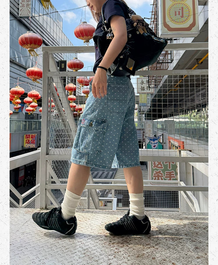 CCYE Retro Polka Dot Denim Cropped Shorts
