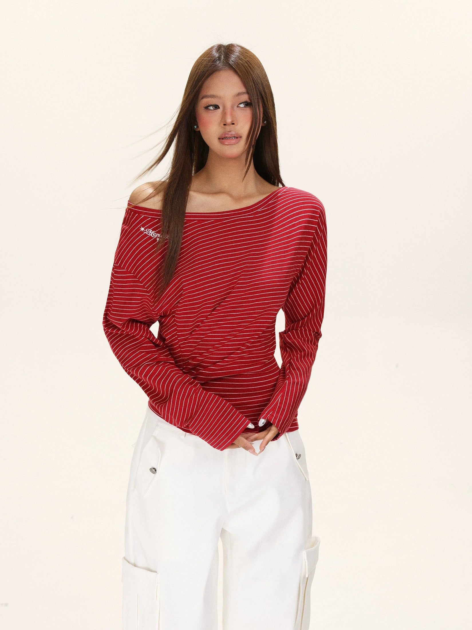 Mershier Waist Slant Shoulder Striped Long Sleeve
