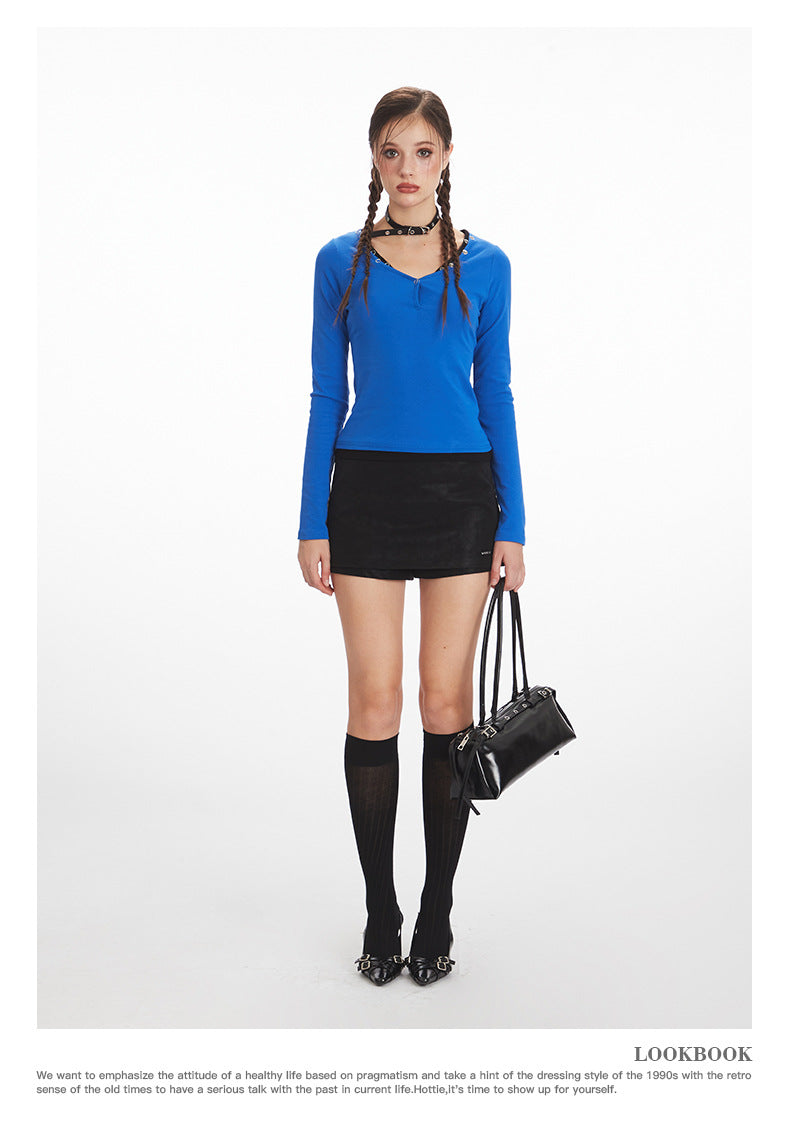 Nariele Big V-Neck Contrast Color Slim Skinny Long Sleeves