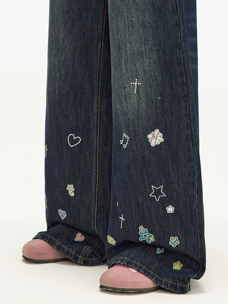 UNIFREE Straight Childlike Hot Diamond Printing Mopping Jeans