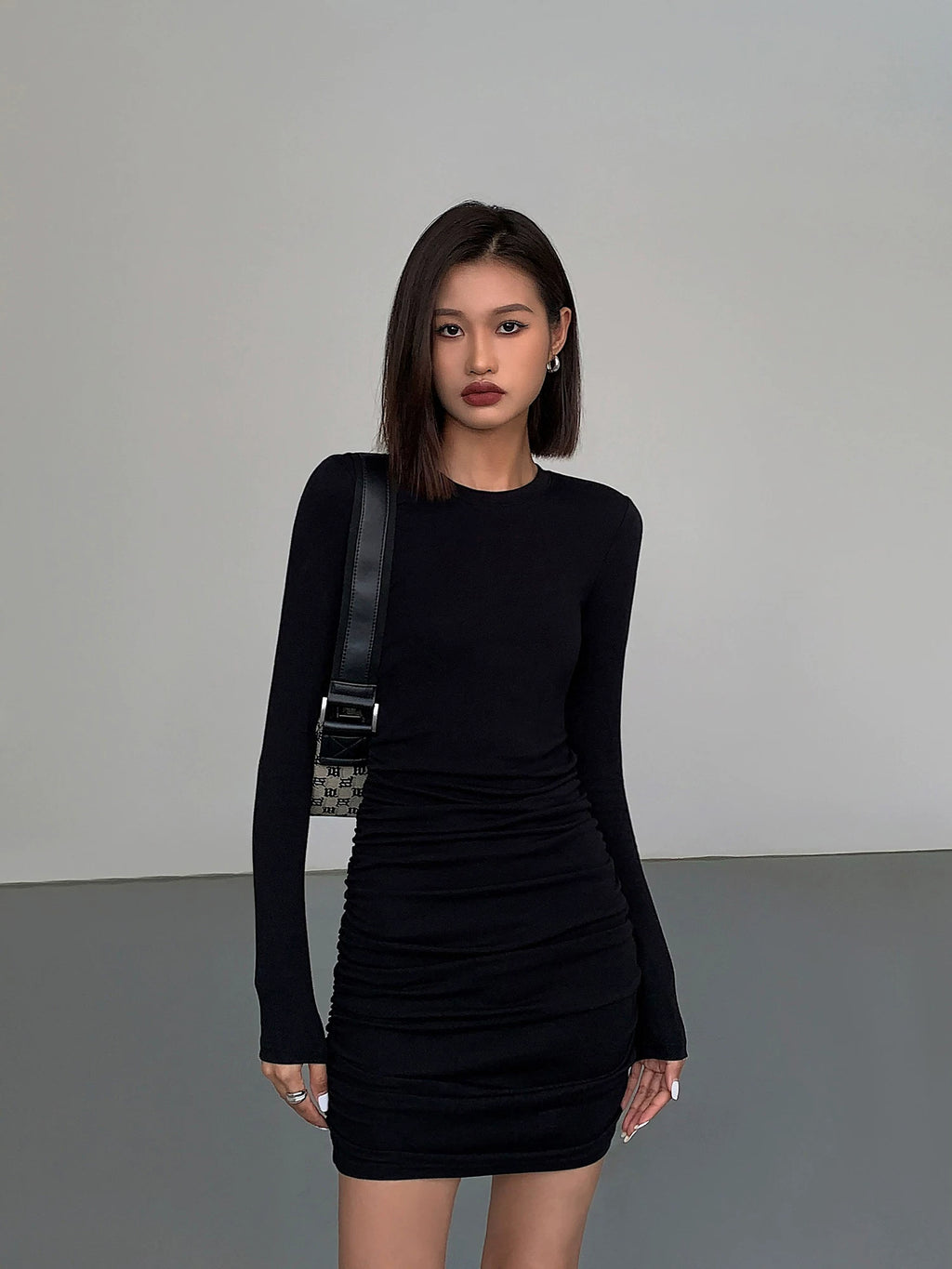 OUSPH Slim-fit Temperament Waist Long-sleeved Knitted Dress
