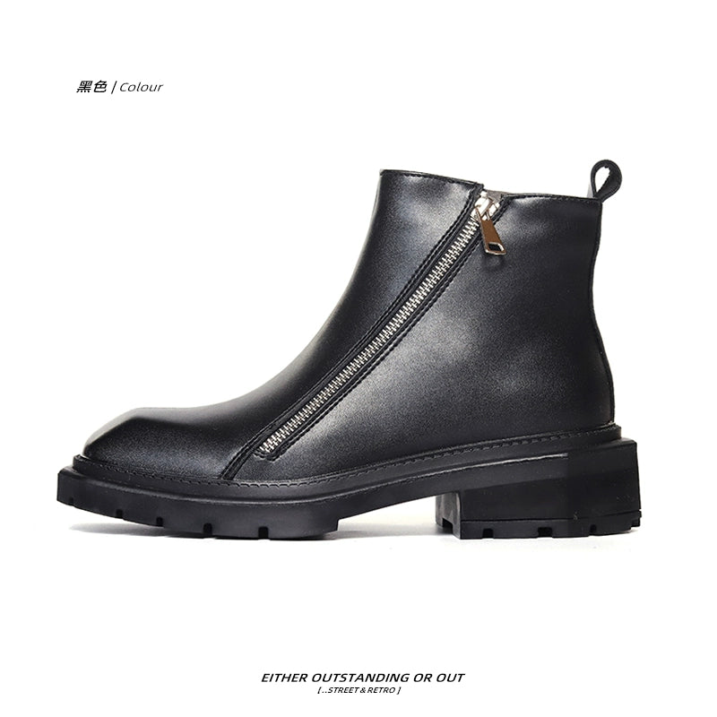 SHENLV StuIO Double Zipper Short Boots Yuppie High-top Leather Shoes