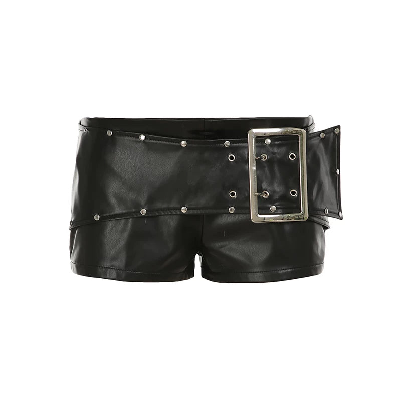 FUNOFF Vintage Leather Metal Buckle Low Waist Shorts