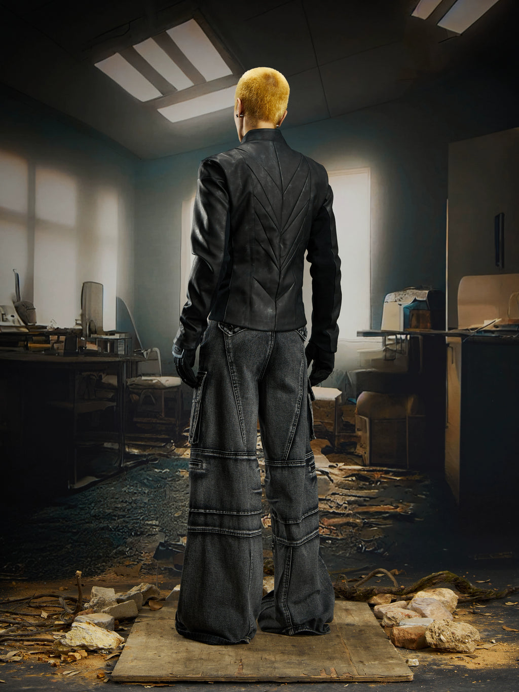 NUndefined Line Slim-Fit Short Stand-Up Neck Zipper Leather Jacket