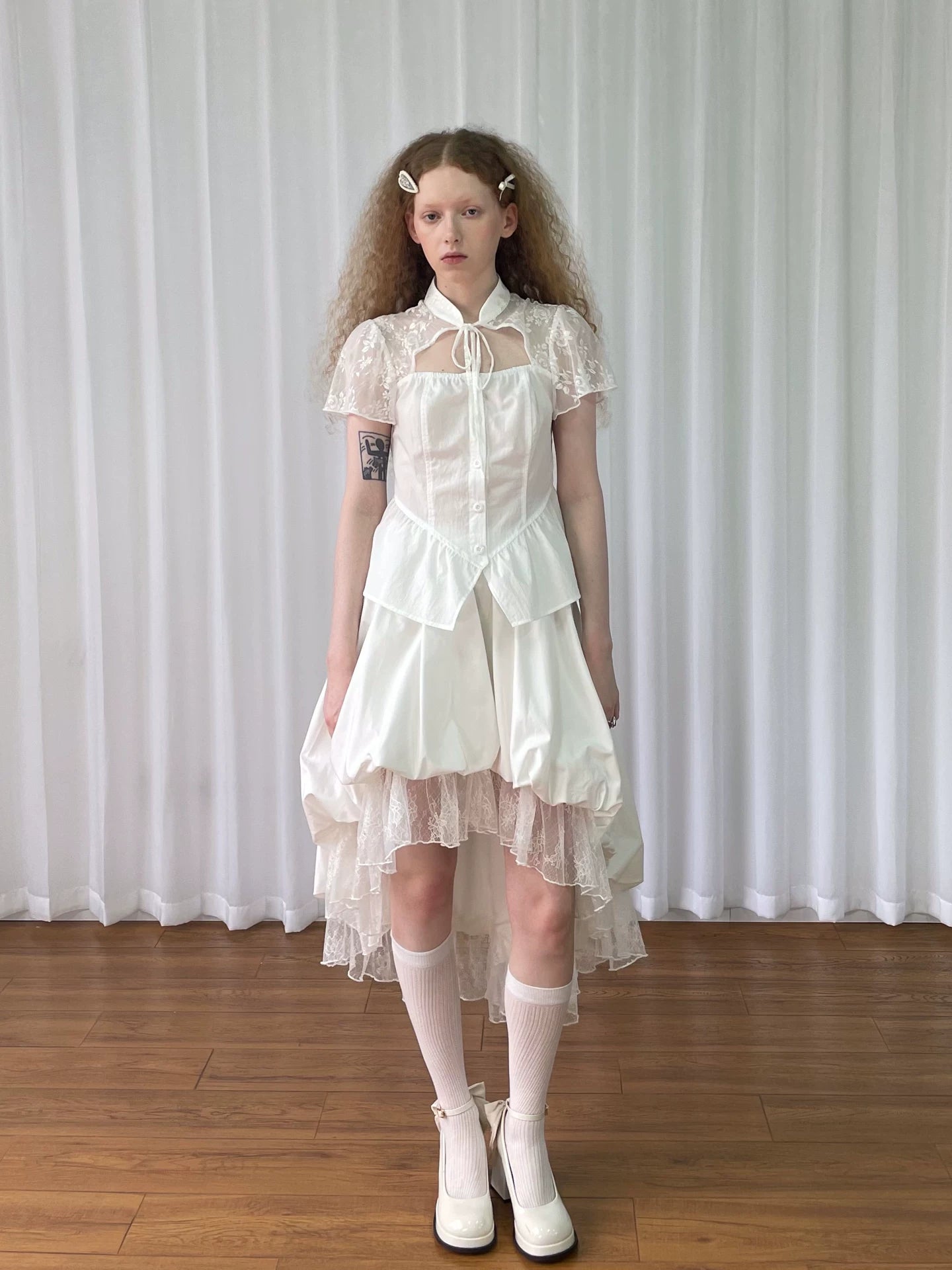 Loosesmell Jacquard Lace Stitched Short Sleeve Shirt