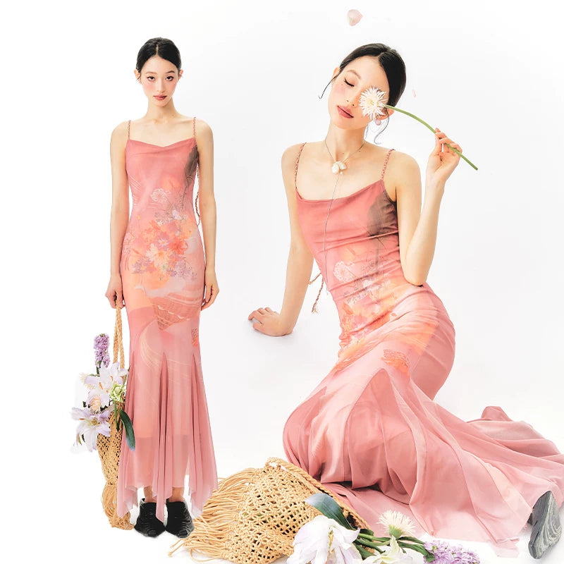 YEDM Gradient Hand-painted Printed Slip Mermaid Skirt