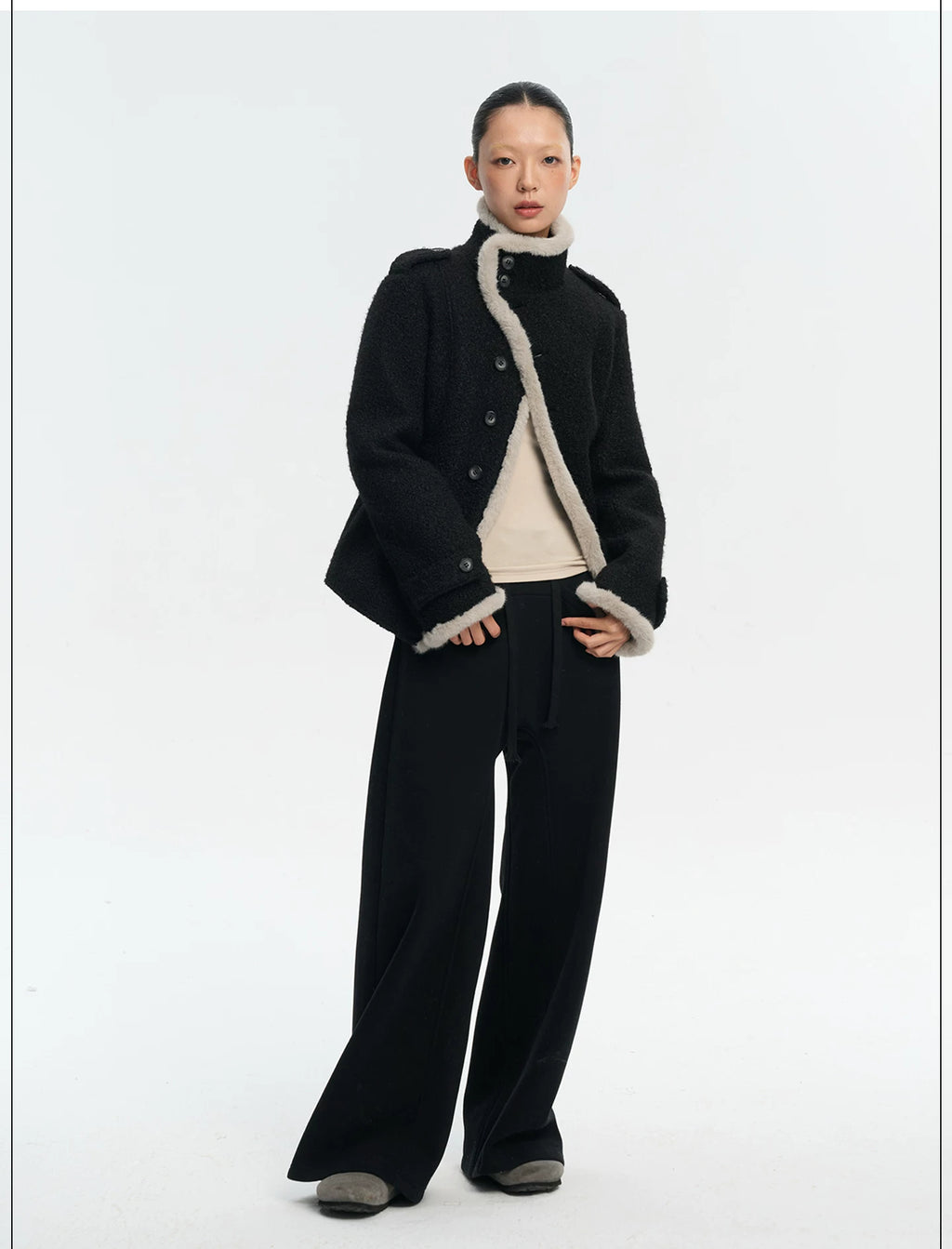 LINY LIBERTY Contrasting Top Stitching Stand-up Collar Woolen Jacket