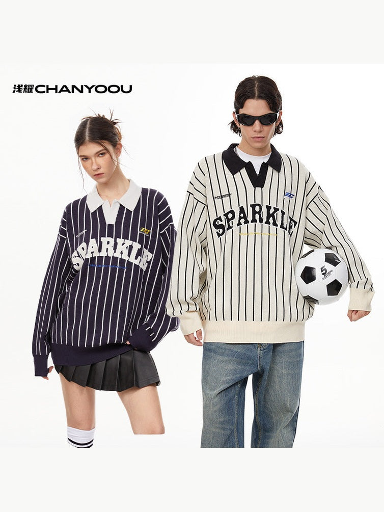 CHANYOOU Vintage Polo Neck Striped Knitted Sweater