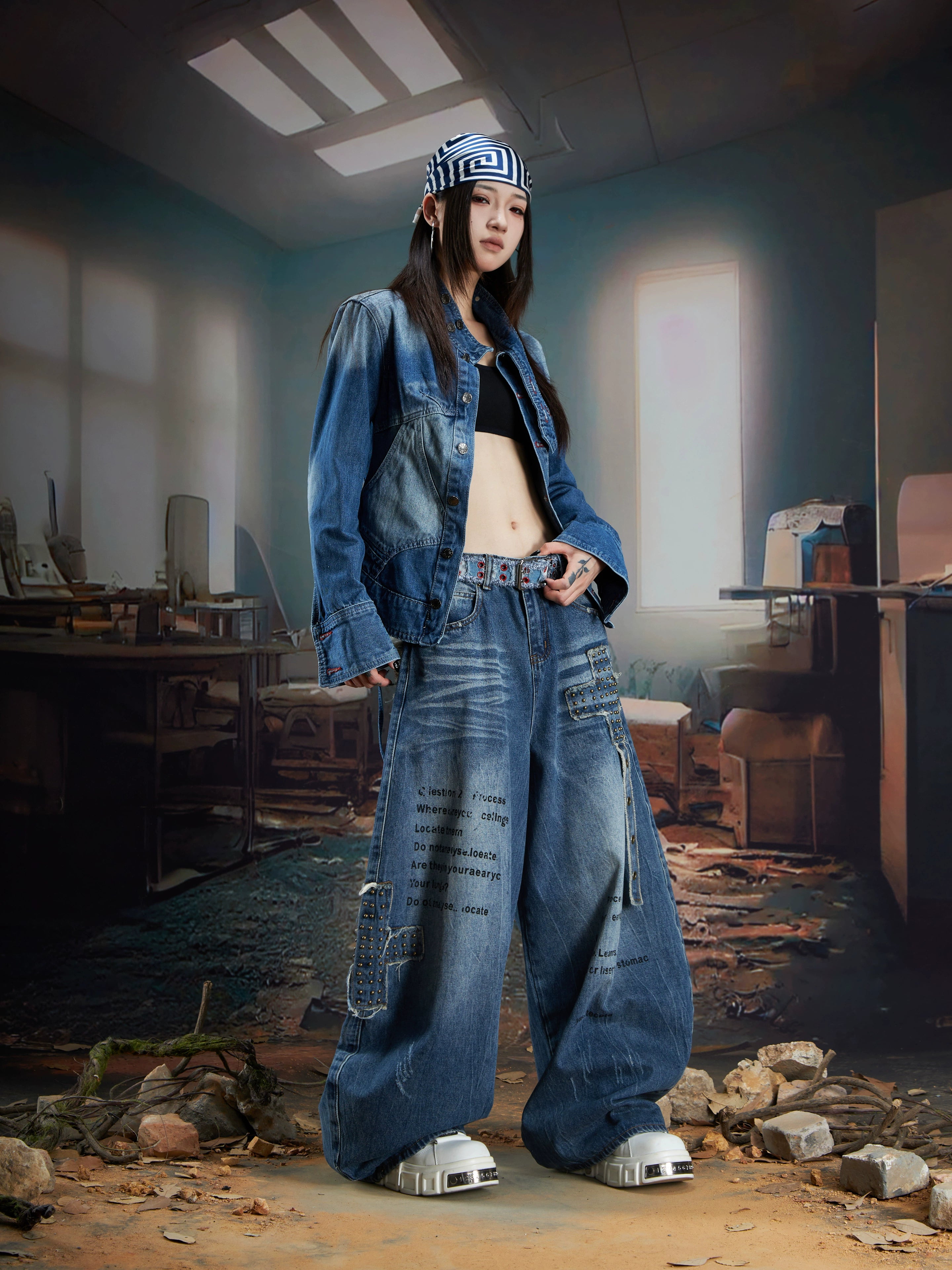 NOMANIAI Retro Old Washed Stand-up Collar Slim Denim Jacket