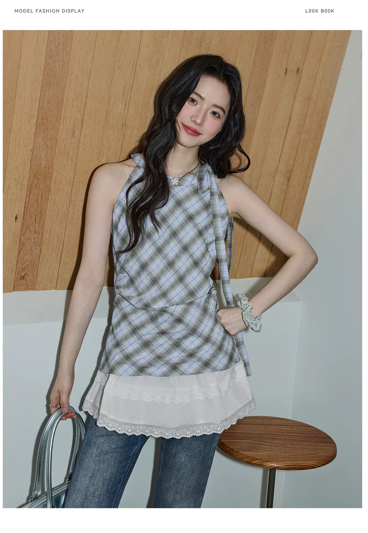 XUJING Lace Stitching Plaid Sleeveless Shirt