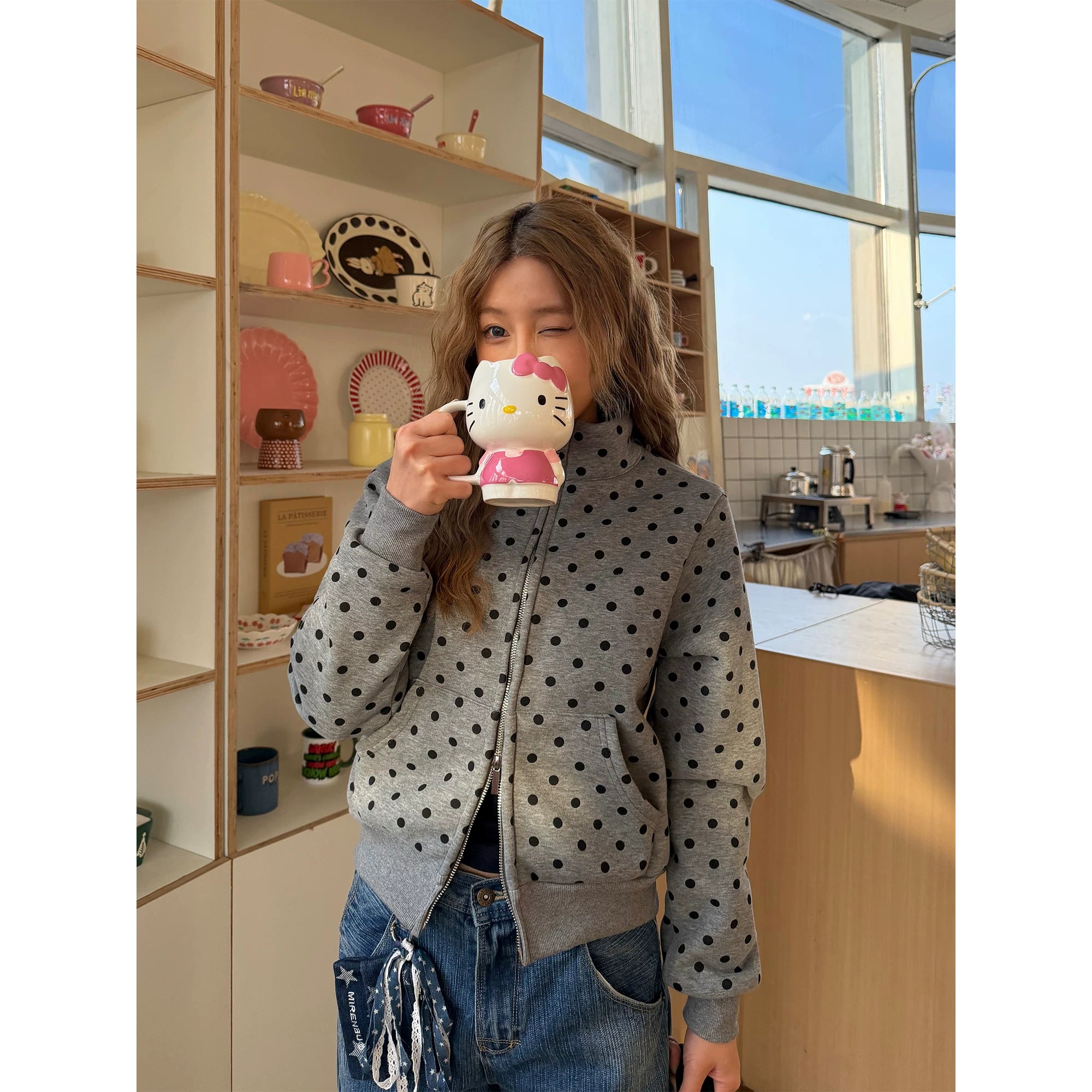 CCYE Front Shoulder Polka Dot Stand-up Sweater Jacket