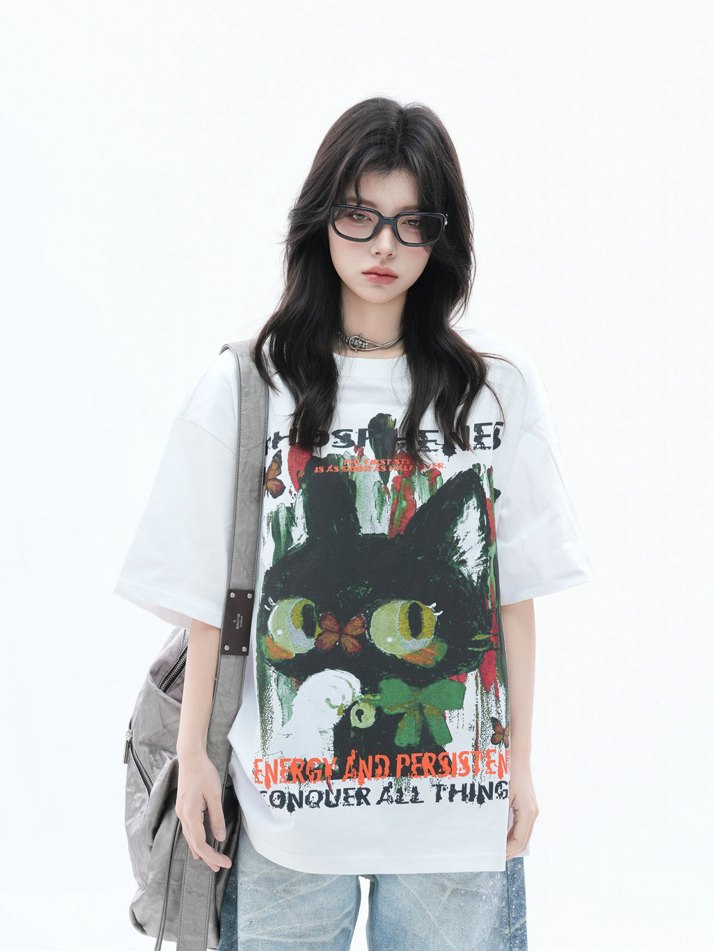 Zuocisankon Oversize Cute Cat Graffiti Print Tee