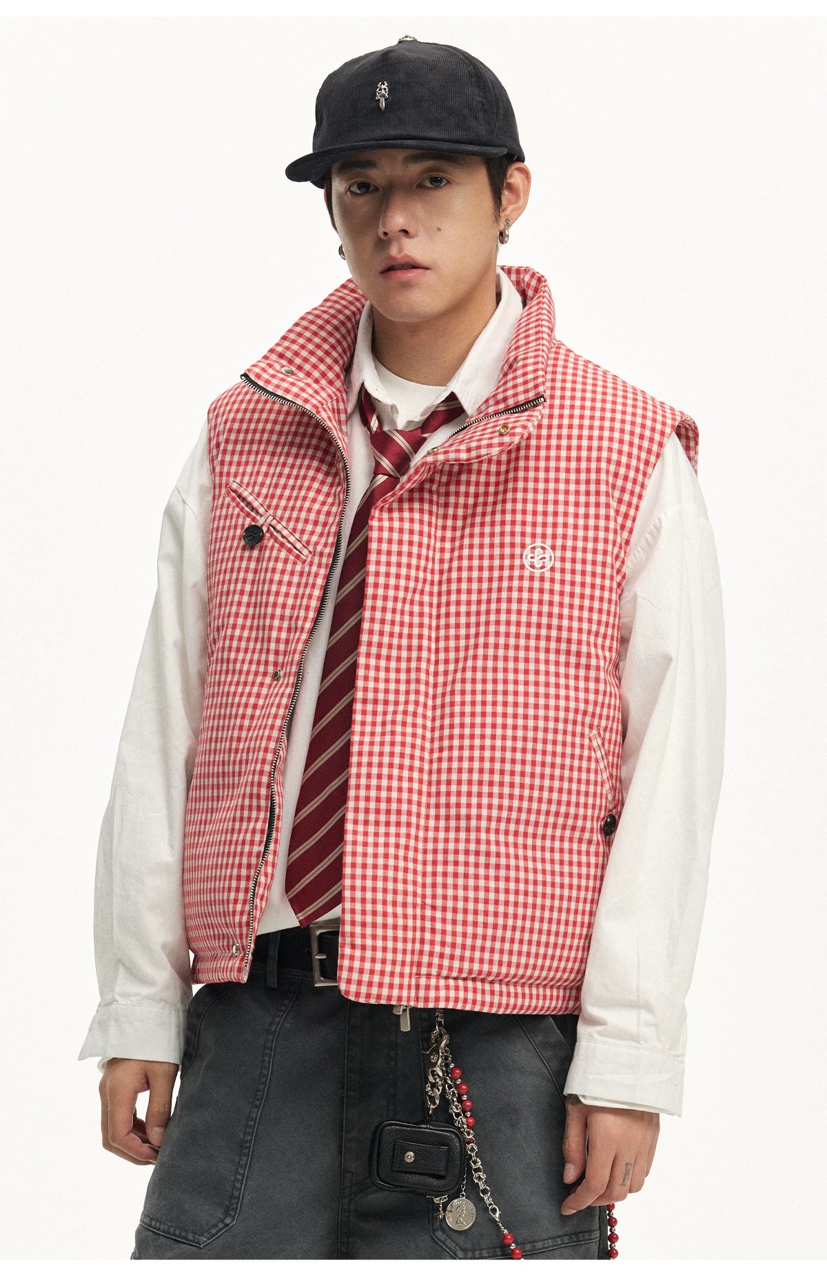 CoosRetro Plaid Logo Embroidery Casual Loose Warm Vest