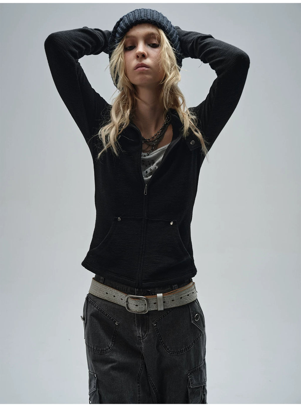 WearAndtear Stitching Rivet Neckline Slim Stand-up Collar Jacket