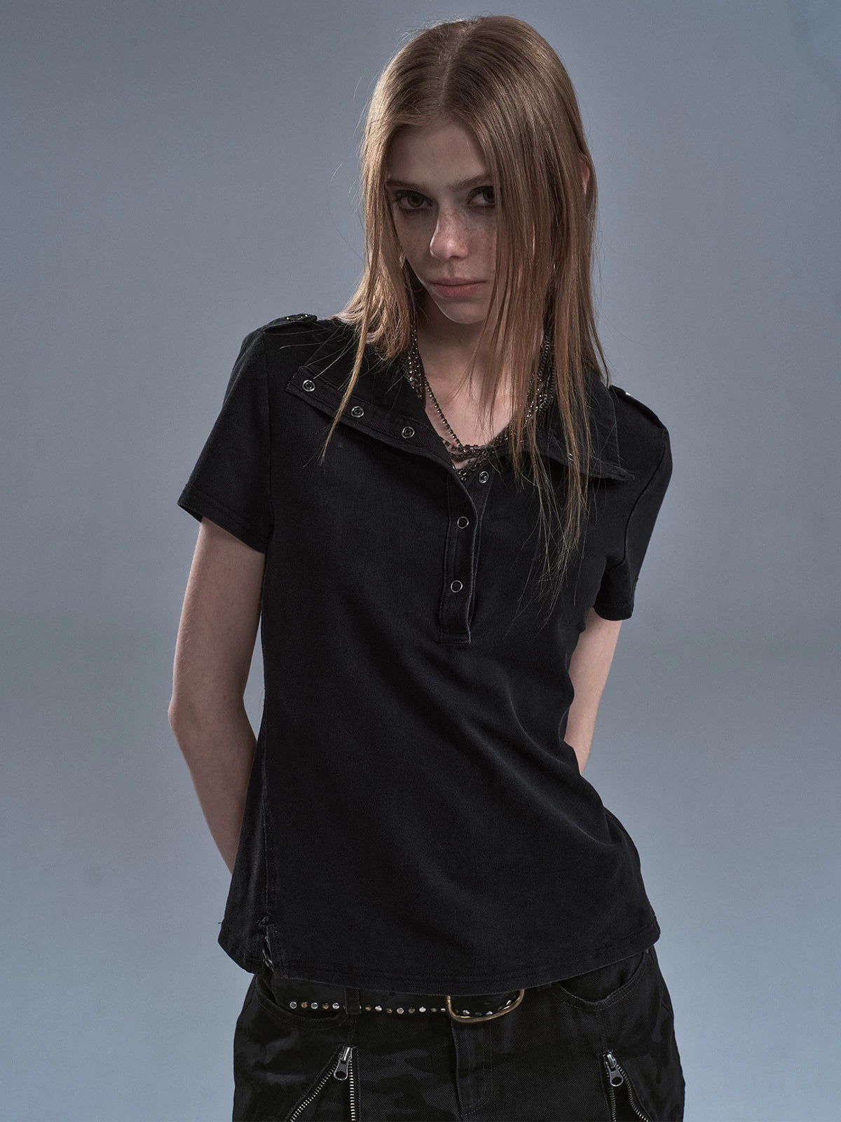 WearAndtear Stand Neck Slit Casual Tee