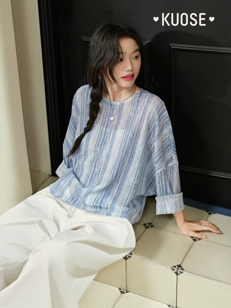 Kuose Striped Hollow Loose Long Sleeve Shirt