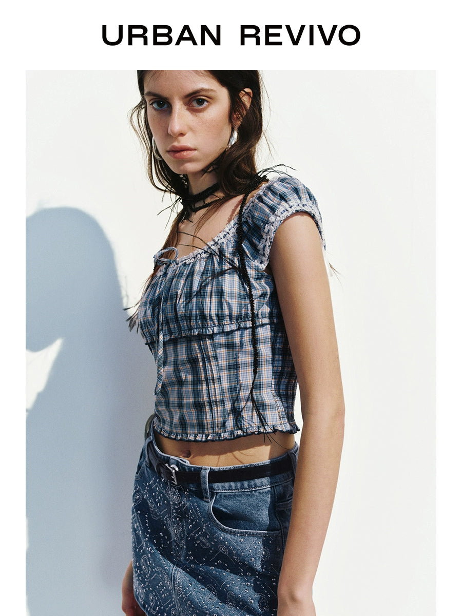 URBAN REVIVO Lace Fungus Edge Contrasting Plaid Blouse Shirt