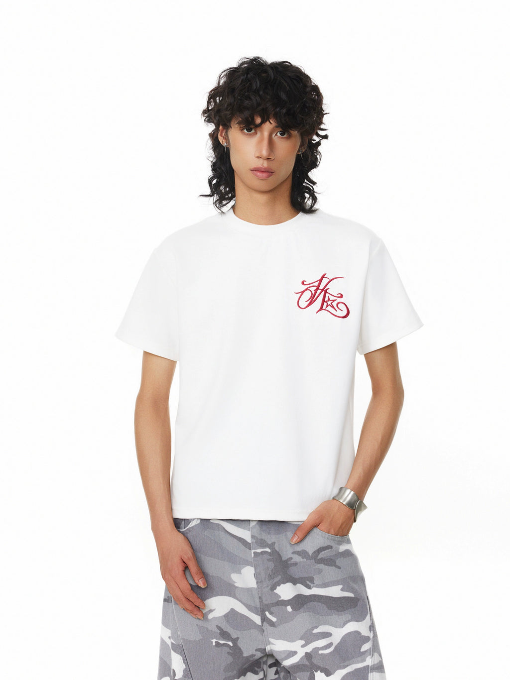 (Clearance) BTSG Vintage Embroidery Alphabet Hip Hop Front Shoulder Short Wide Tee