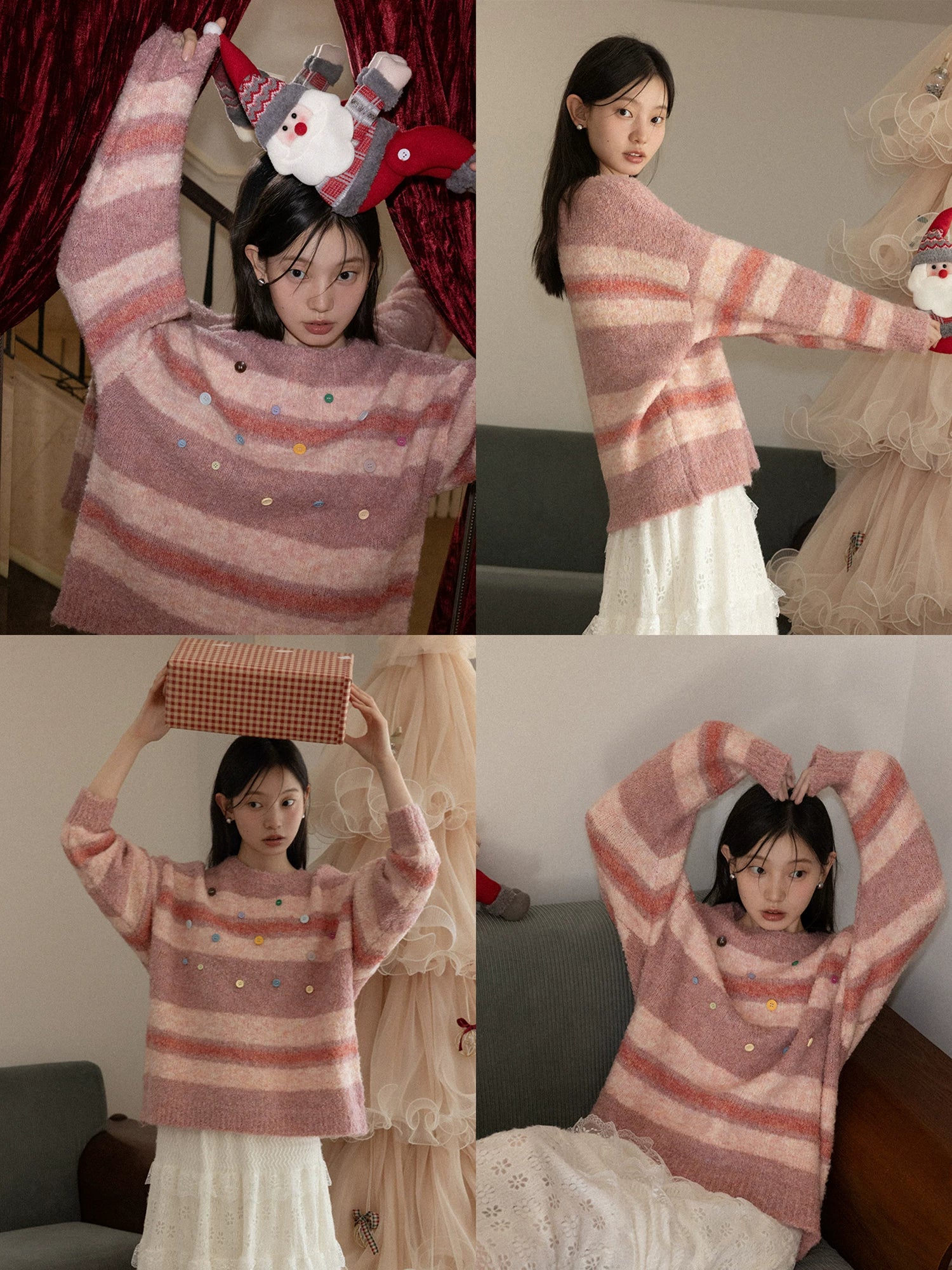 Cantonstory Korean Crew Neck Striped Knitted Sweater