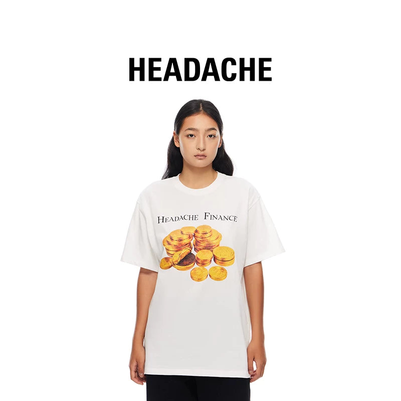 HEADACHE Gold Coin Print Round Neck Oversized Tee
