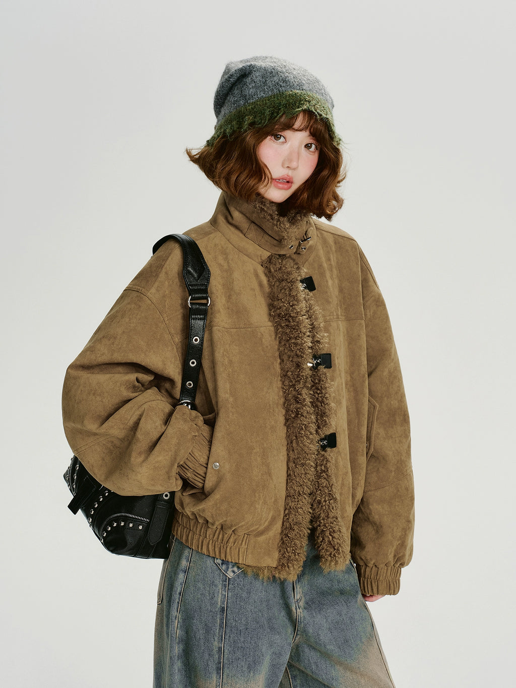 Girlyhalo Vintage Lamb Feather Patchwork Jacket