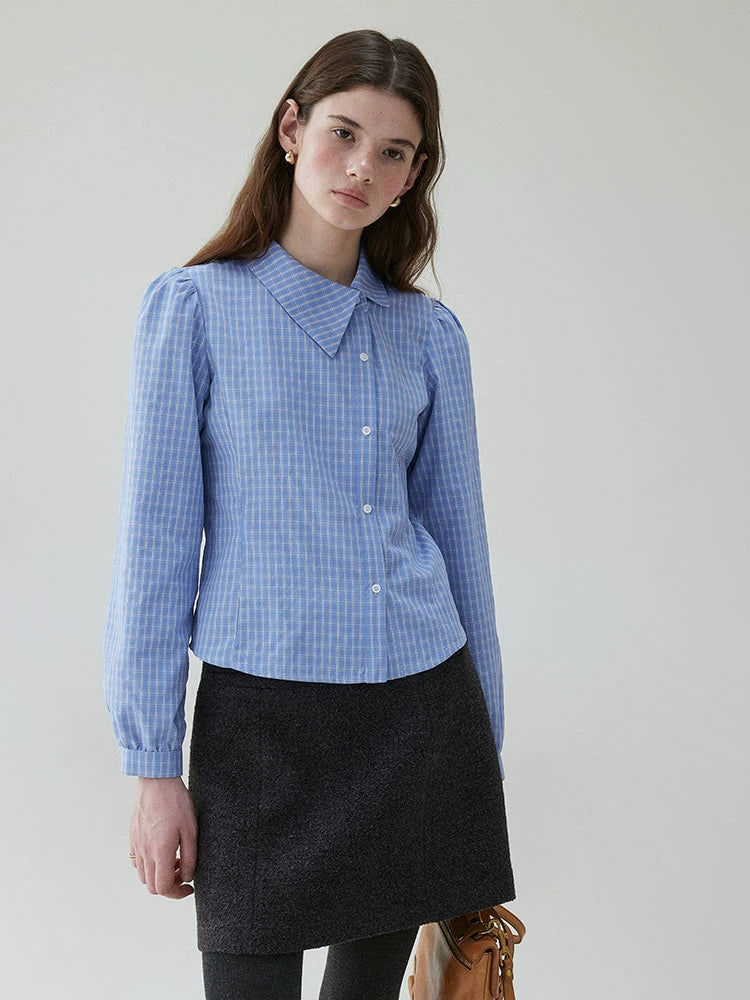 VOOE Irregular Flip-neck Contrasting Plaid Shirt