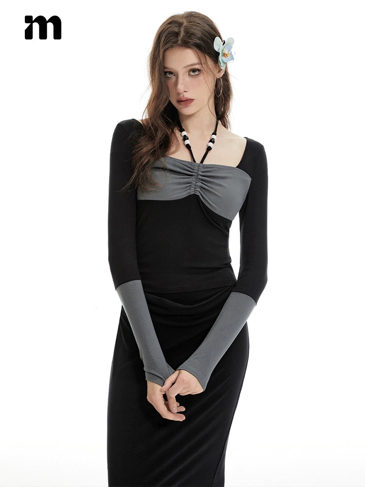 Imone Contrasting Splicing Drawstring Neck Long Sleeve