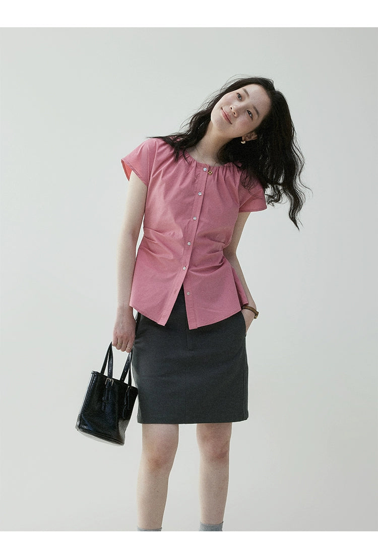 VOOE Crew Neck Waist Pleated Strap-on Shirt