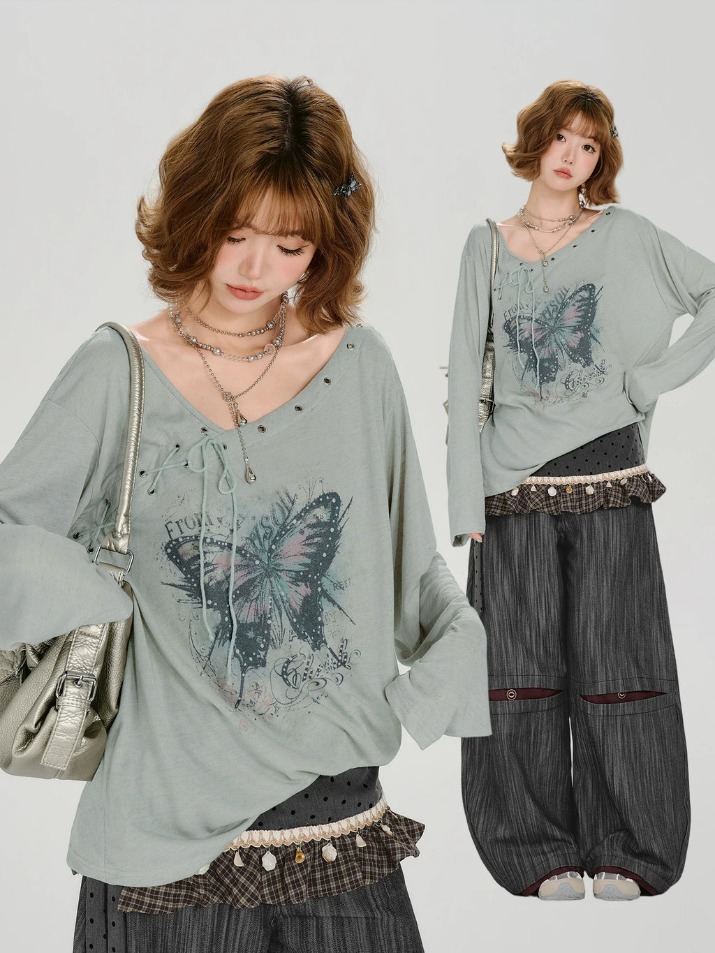 Girlyhalo Vintage V-neck Slim Loose Tee