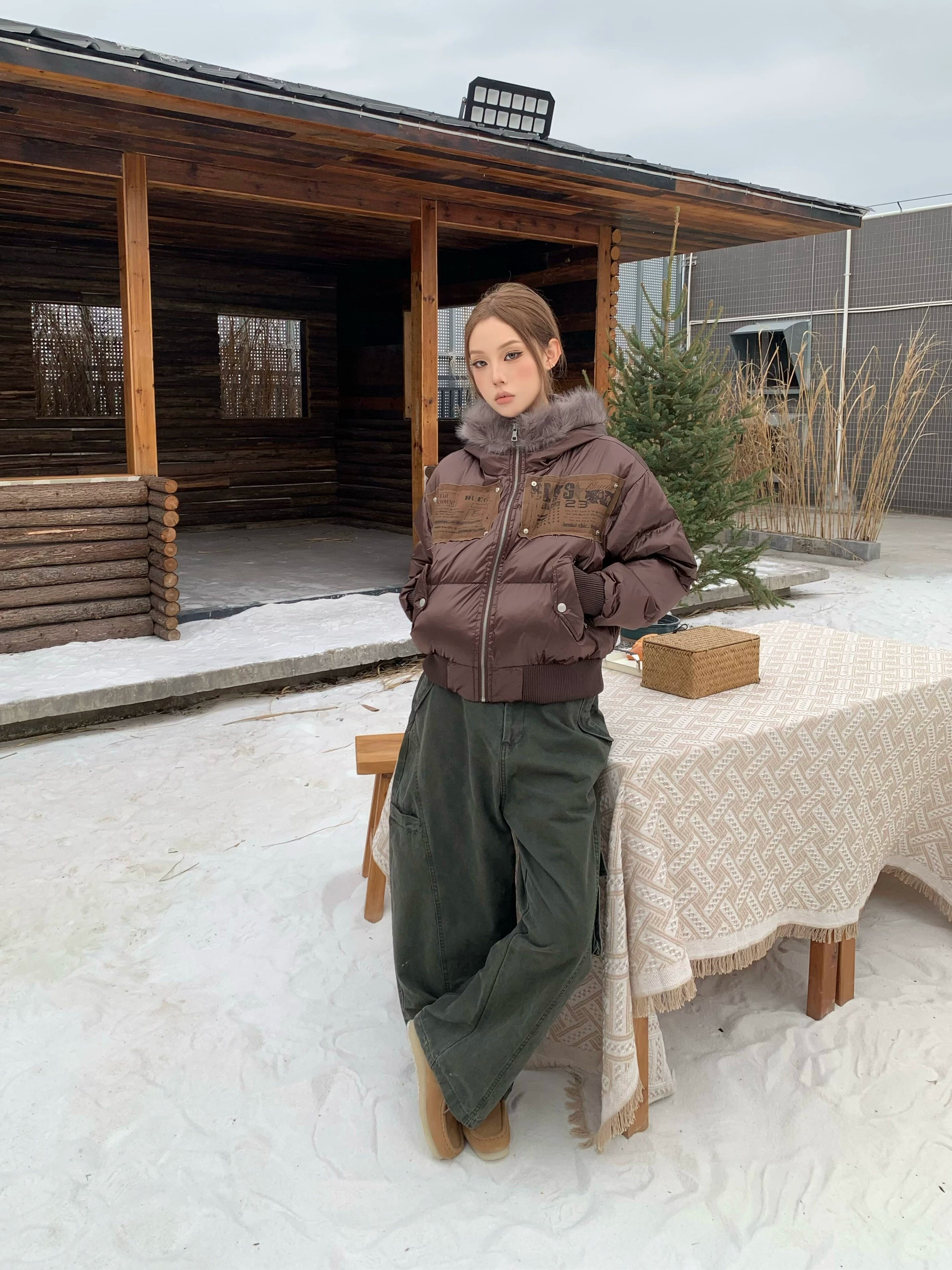 BANGU Vintage Fur Collar Hooded Cotton Jacket