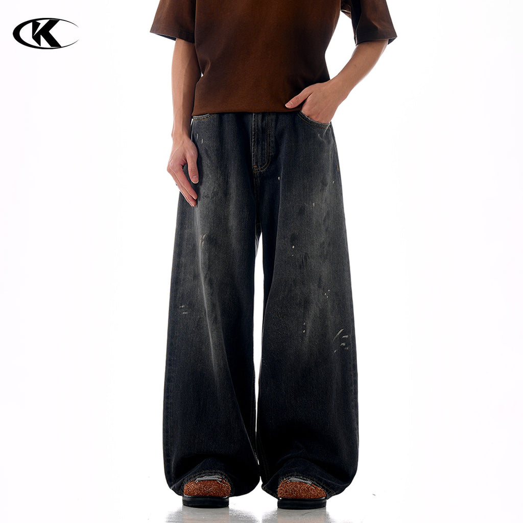 11KN High-grade Washed Retro Dirty Straight Ink-splashed Denim Jeans