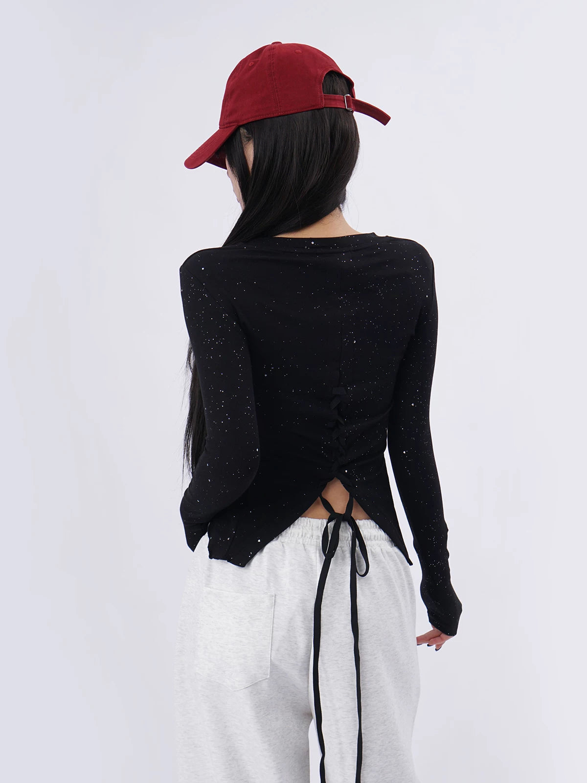 SAMUSAN Cross Halter Slim Lace Up Long Sleeve