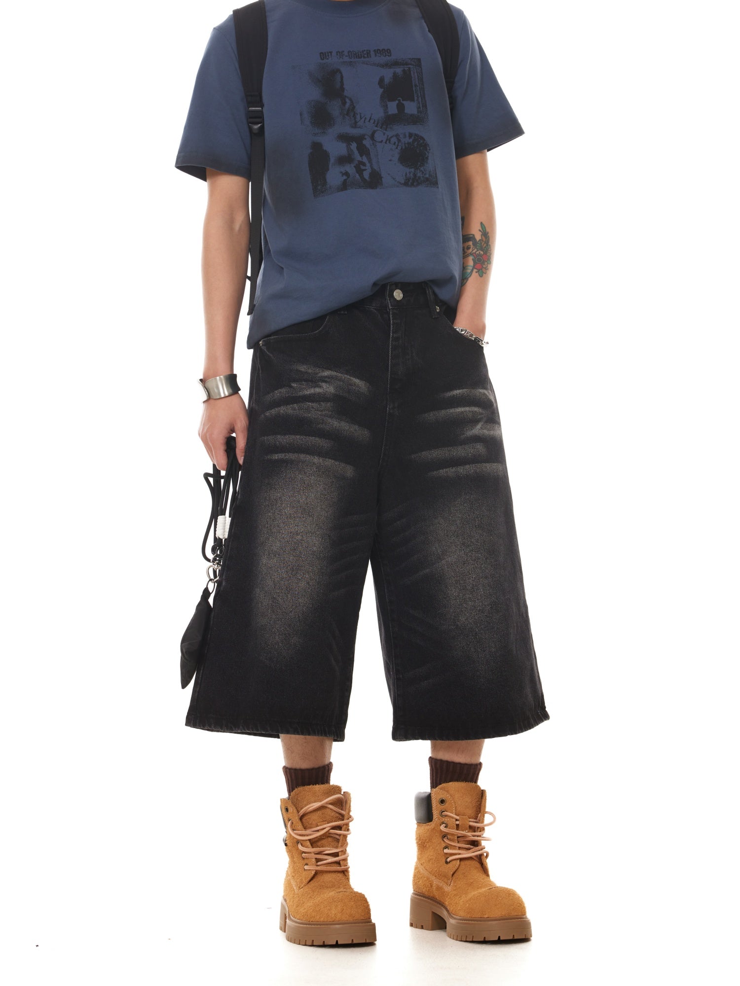 BTSG washed cat beard loose wide-leg denim shorts