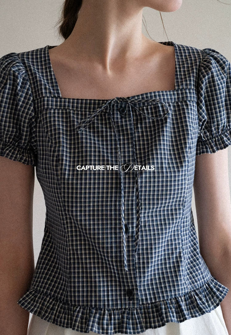 EGGKA Square Neck Tie-up Plaid Shirt