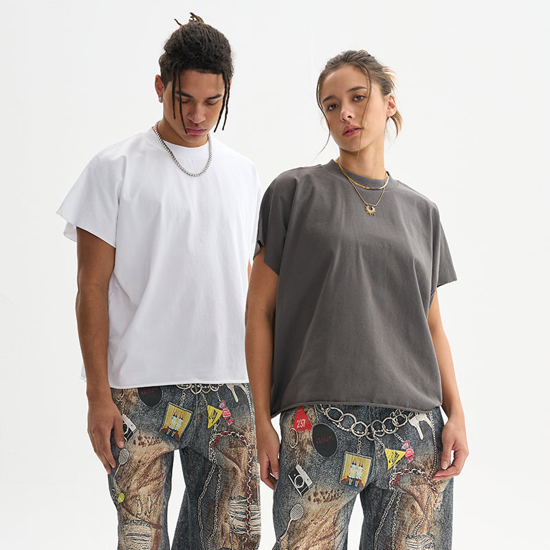 FIVE MEN short rough edge one-piece sleeve pure cotton BOXY Tee