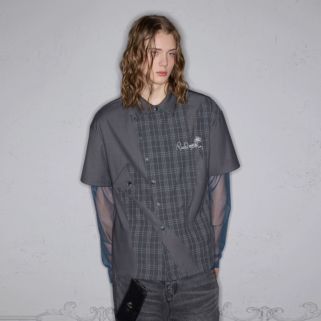 Rocawear Splicing Embroidered Slant Placket Loose Vintage Shirt