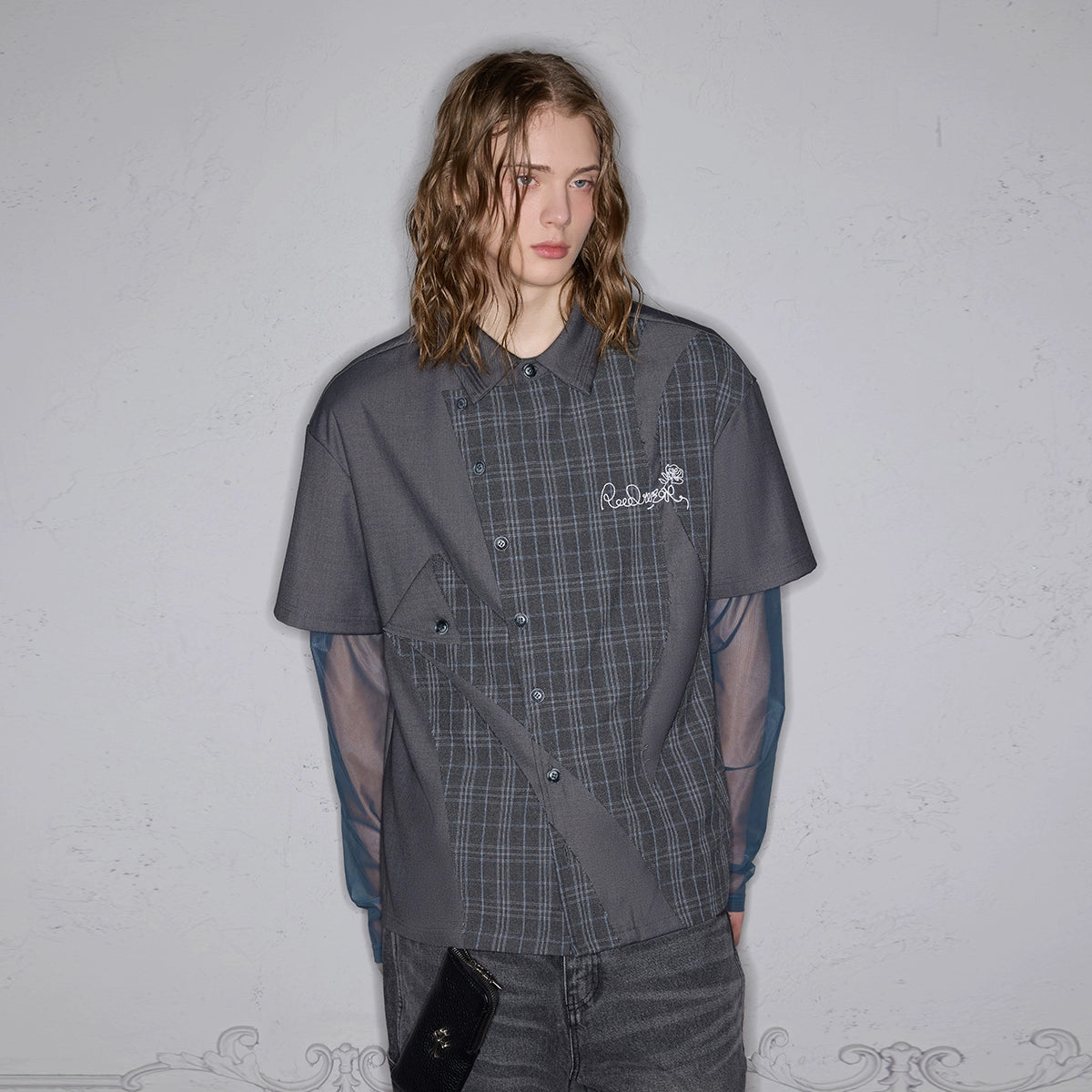 Rocawear Splicing Embroidered Slant Placket Loose Vintage Shirt