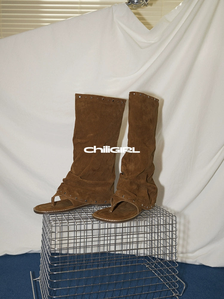 CHILIGIRL Mezzanine Vintage Suede Pleated Pile Pants Tube Boots